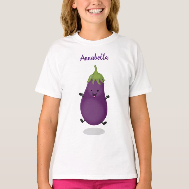 Cute happy eggplant aubergine cartoon illustration T-Shirt (Front)