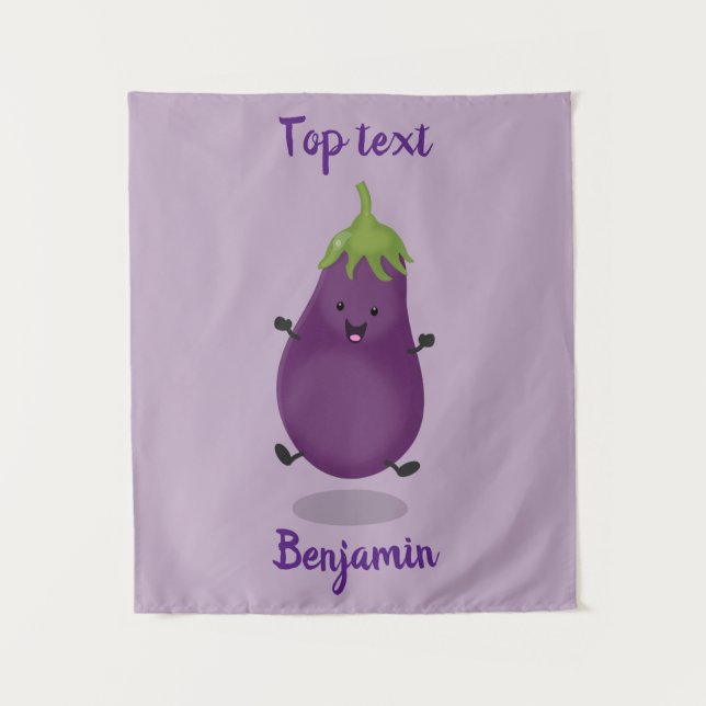 Cute happy eggplant aubergine cartoon illustration tapestry (Front)