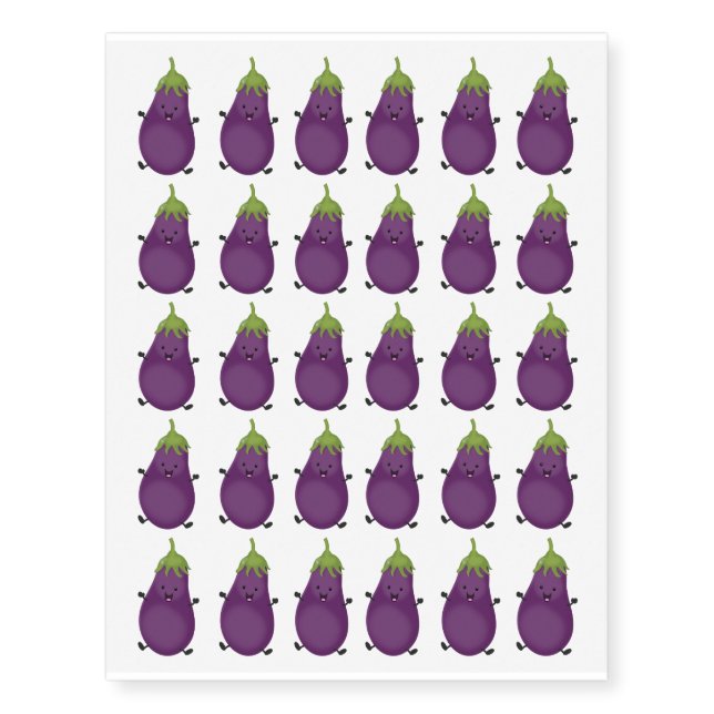 Cute happy eggplant aubergine cartoon illustration temporary tattoos (Front)