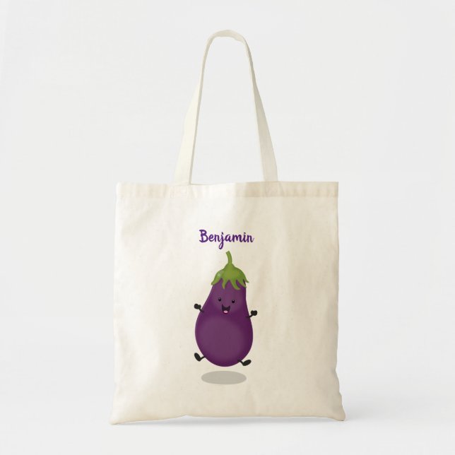 Cute happy eggplant aubergine cartoon illustration tote bag (Front)
