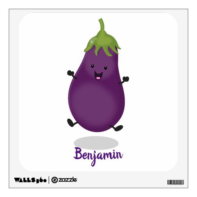 Cute happy eggplant aubergine cartoon illustration wall decal (Front)