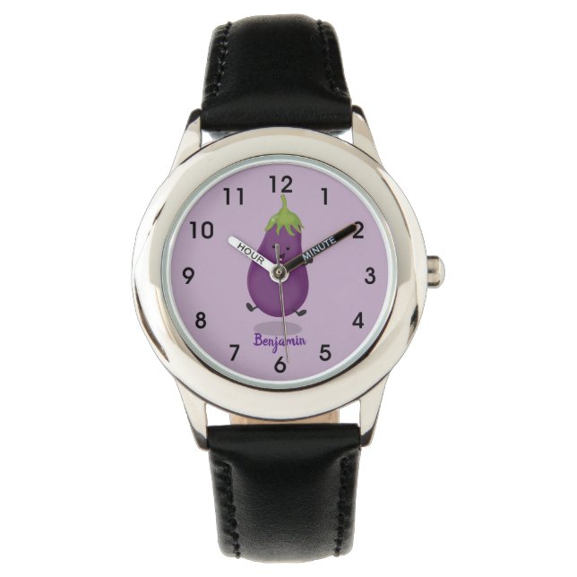 Cute happy eggplant aubergine cartoon illustration watch (Front)
