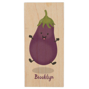 Cute happy eggplant aubergine cartoon illustration wood flash drive