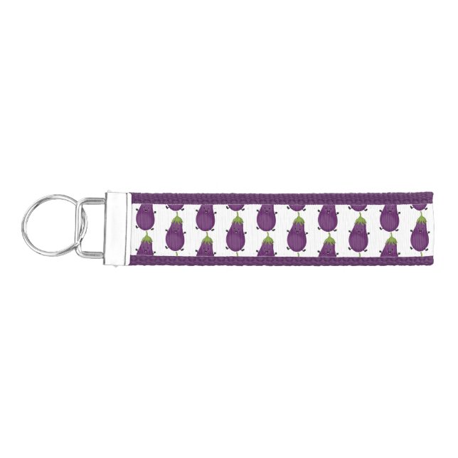 Cute happy eggplant aubergine cartoon illustration wrist keychain (Keys on Left)