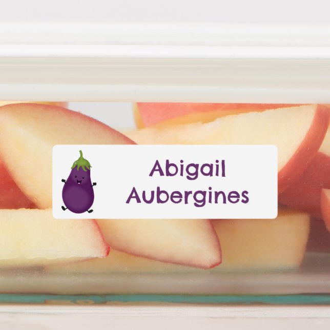 Cute happy eggplant aubergine cartoon personalized labels (Affixed)