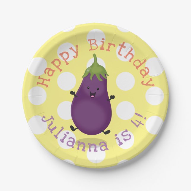 Cute happy eggplant personalized cartoon birthday paper plates (Front)