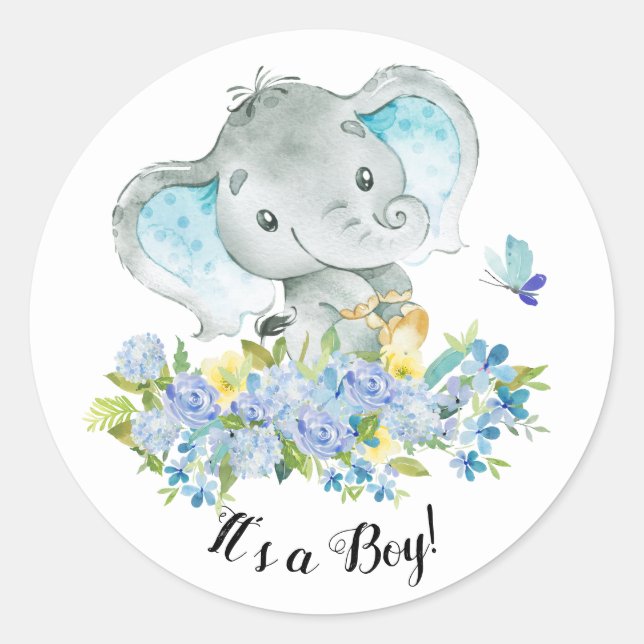 Cute Happy Elephant It' a Boy Favor Sticker (Front)
