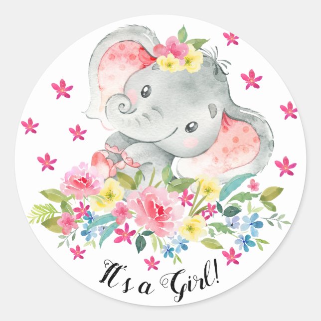 Cute Happy Elephant It' a Girl Favor Sticker (Front)
