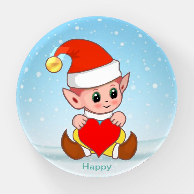 Cute Happy Elf Cartoon on Light Blue Paperweight (Front)