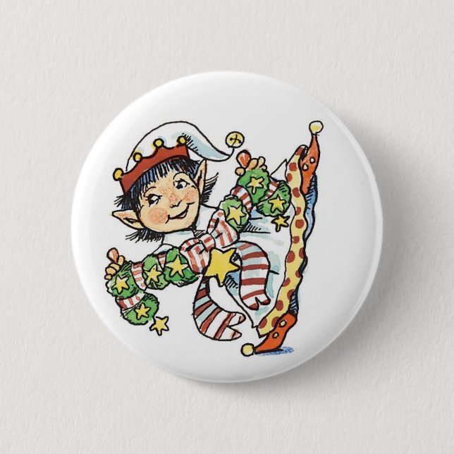 Cute Happy Elf Dancing, Retro Christmas Cartoon Button (Front)