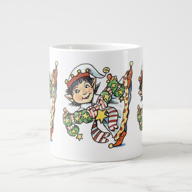 Cute Happy Elf Dancing, Retro Christmas Cartoon Giant Coffee Mug (Front)