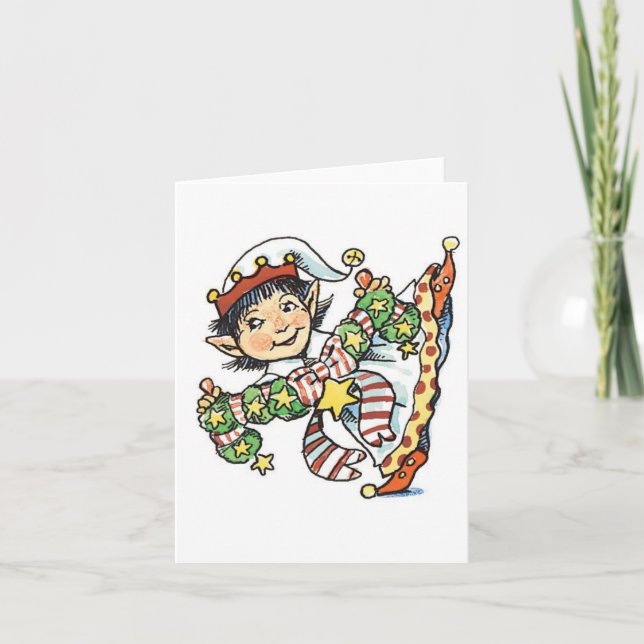 Cute Happy Elf Dancing, Retro Christmas Cartoon Holiday Card (Front)