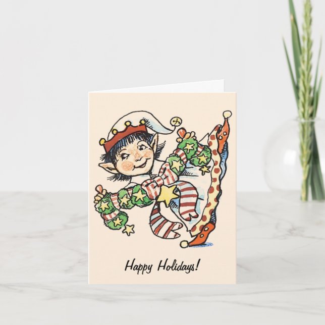 Cute Happy Elf Dancing, Retro Christmas Cartoon Holiday Card (Front)