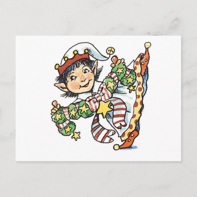 Cute Happy Elf Dancing, Retro Christmas Cartoon Holiday Postcard (Front)