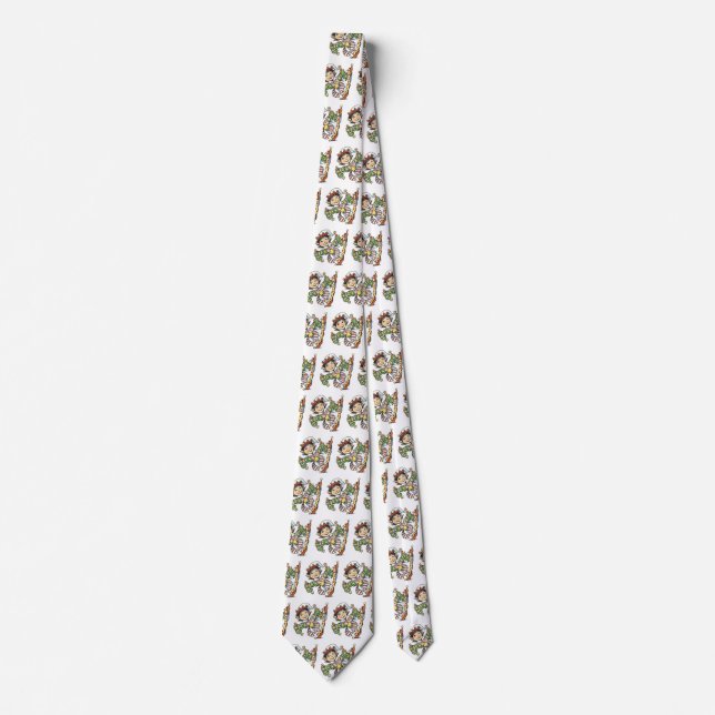 Cute Happy Elf Dancing, Retro Christmas Cartoon Neck Tie (Front)