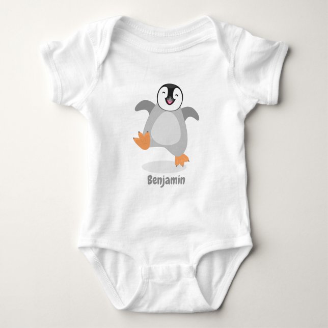 Cute happy emperor penguin chick cartoon baby bodysuit (Front)