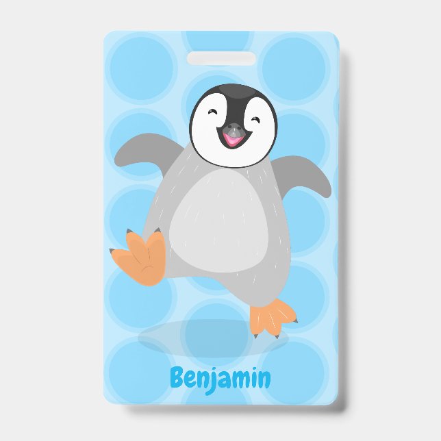 Cute happy emperor penguin chick cartoon badge (Front)