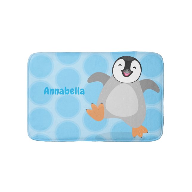 Cute happy emperor penguin chick cartoon bath mat (Front)