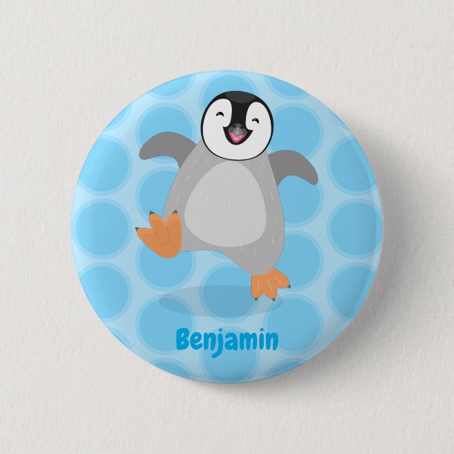 Cute happy emperor penguin chick cartoon button (Front)