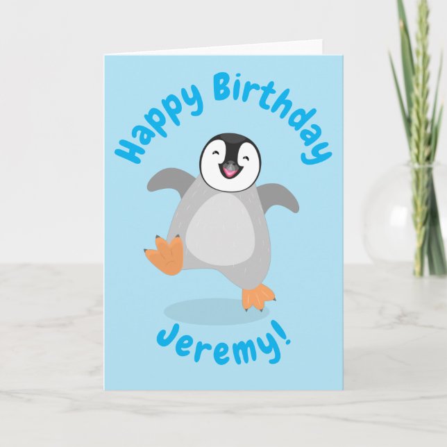Cute happy emperor penguin chick cartoon card (Front)