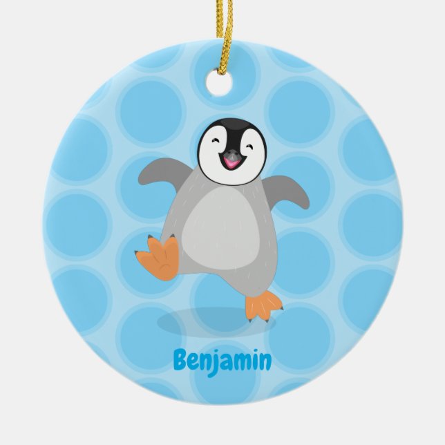 Cute happy emperor penguin chick cartoon ceramic ornament (Front)