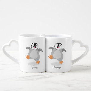 Cute happy emperor penguin chick cartoon coffee mug set