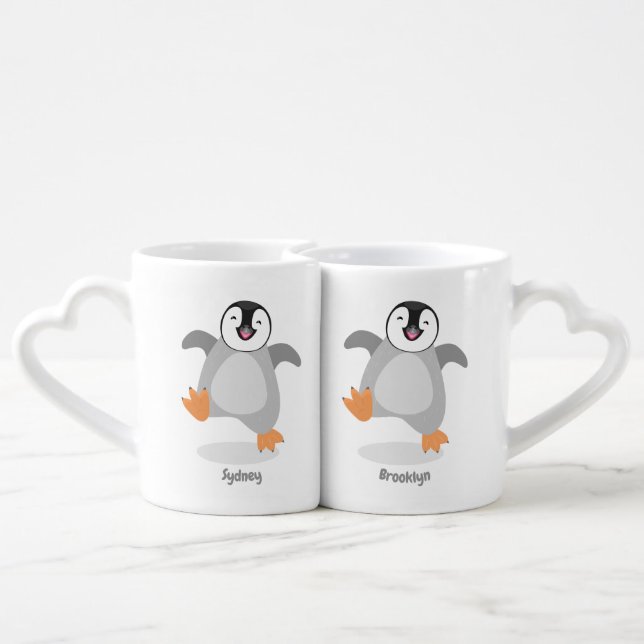 Cute happy emperor penguin chick cartoon coffee mug set (Back Nesting)