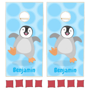 Cute happy emperor penguin chick cartoon cornhole set
