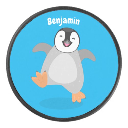 Cute happy emperor penguin chick cartoon hockey puck