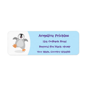 Cute happy emperor penguin chick cartoon label