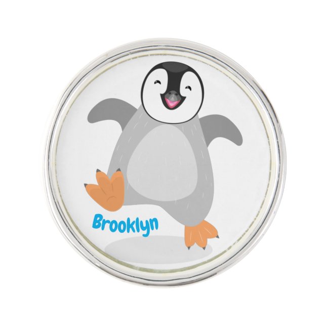 Cute happy emperor penguin chick cartoon lapel pin (Front)
