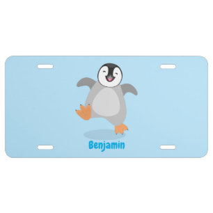 Cute happy emperor penguin chick cartoon license plate