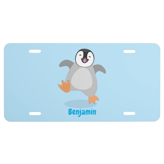 Cute happy emperor penguin chick cartoon license plate (Front)