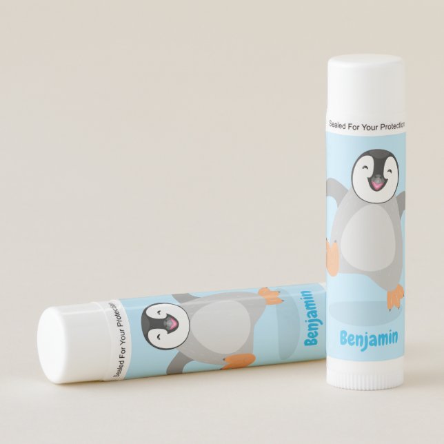 Cute happy emperor penguin chick cartoon lip balm (Front)