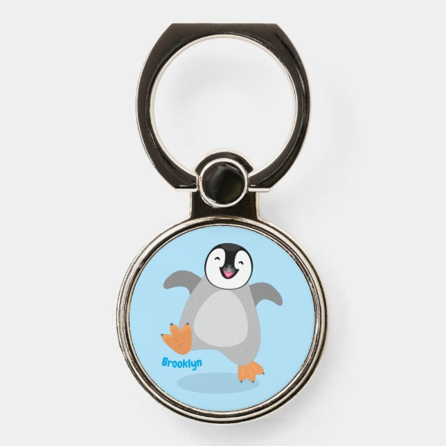 Cute happy emperor penguin chick cartoon phone ring stand (Front)