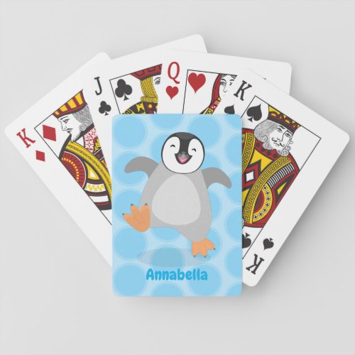 Cute happy emperor penguin chick cartoon playing cards