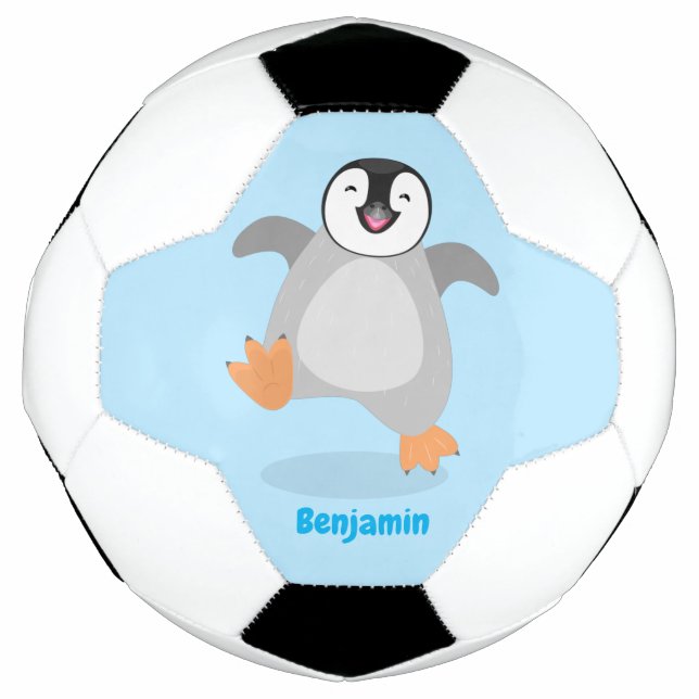 Cute happy emperor penguin chick cartoon soccer ball (Front)
