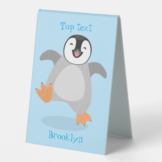 Cute happy emperor penguin chick cartoon table tent (Front)