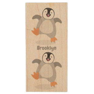 Cute happy emperor penguin chick cartoon  wood flash drive