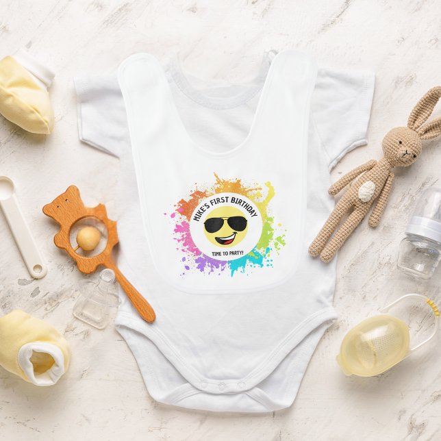 Cute Happy Face,Aviator Glasses,Fun First Birthday Baby Bib (Creator Uploaded)