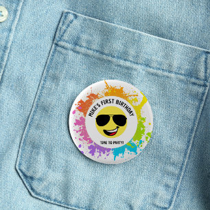 Cute Happy Face,Aviator Glasses,Fun First Birthday Button
