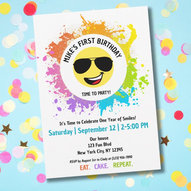 Cute Happy Face,Aviator Glasses,Fun First Birthday Invitation (Creator Uploaded)