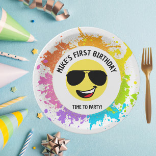 Cute Happy Face,Aviator Glasses,Fun First Birthday Paper Plates