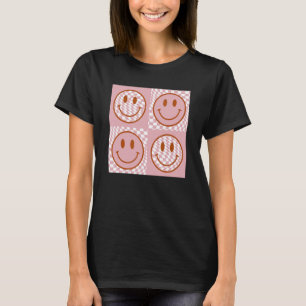 Cute Happy Face Checkered Pattern Pink Smile Face  T-Shirt