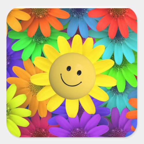 Cute Happy Face Flowers Square Sticker