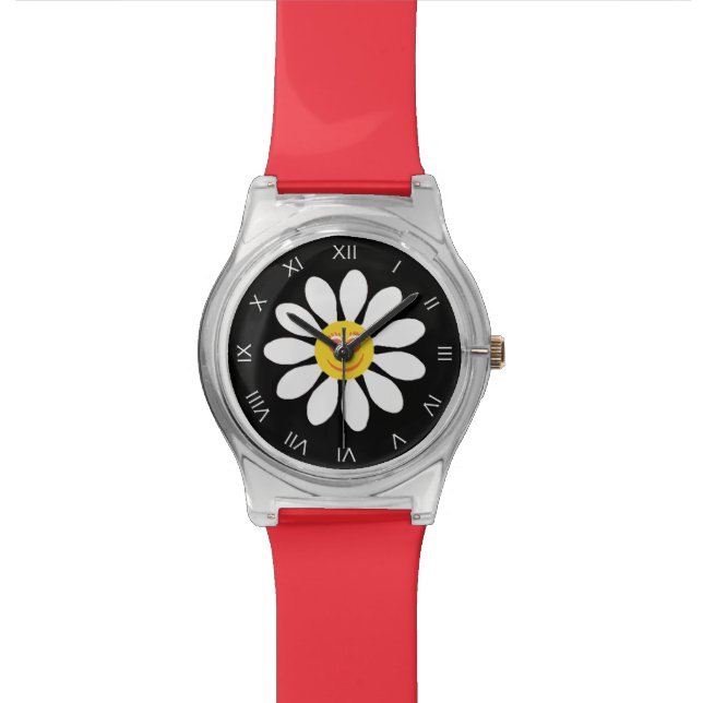 Cute Happy Face Girly White Daisy Flower on Black Wristwatch (Close Up)