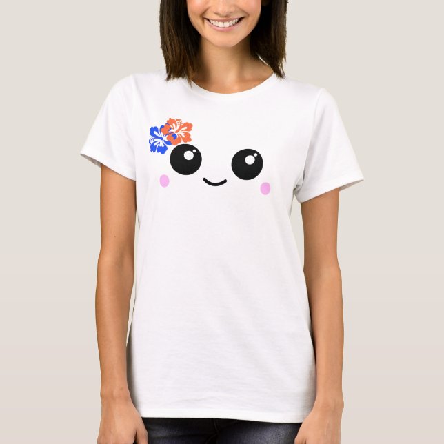 Cute Happy Face with Hibiscus Flowers T-Shirt (Front)
