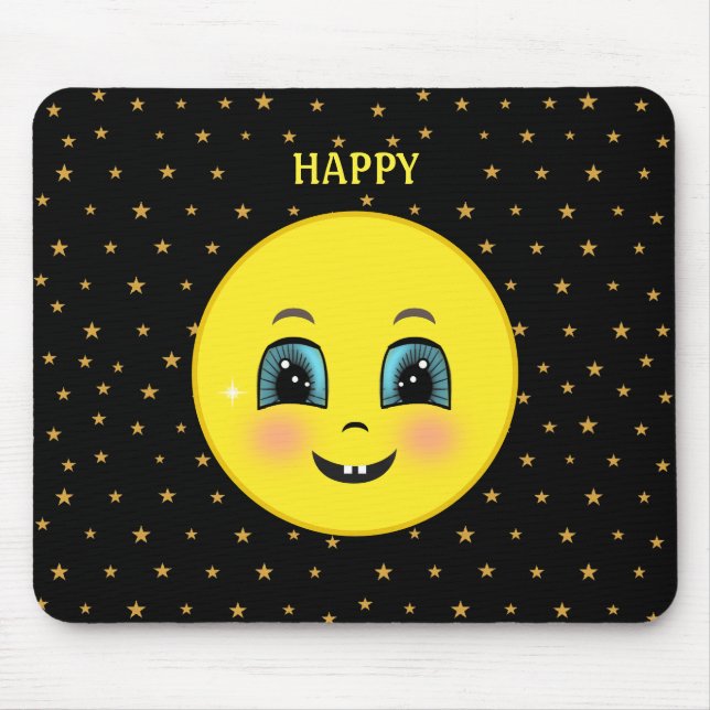 Cute happy faces and stars on black mouse pad (Front)