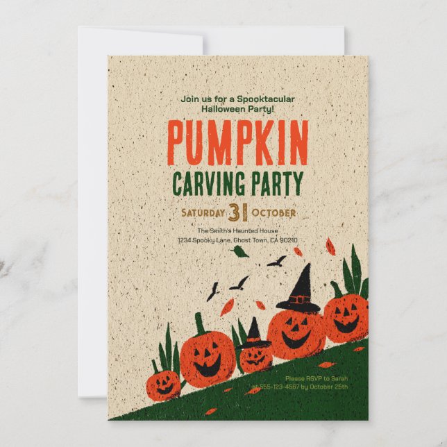 Cute Happy Fall Y'all Pumpkin Witch Hat Invitation (Front)