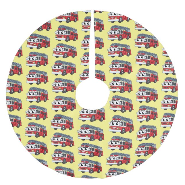 Cute happy fire engine cartoon brushed polyester tree skirt (Front)